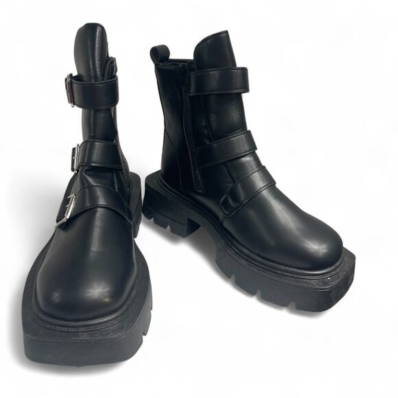 Rouge Helium Platform Combat Boots Black Sz 9 Punk Platform Goth Vegan Buckle - Picture 2 of 8